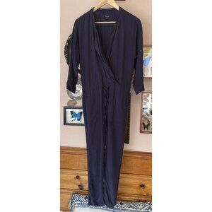 Madewell Jumpsuit Sz S Navy Viscose Wrap Snap Drawstring 3/4 Sleeve E8289